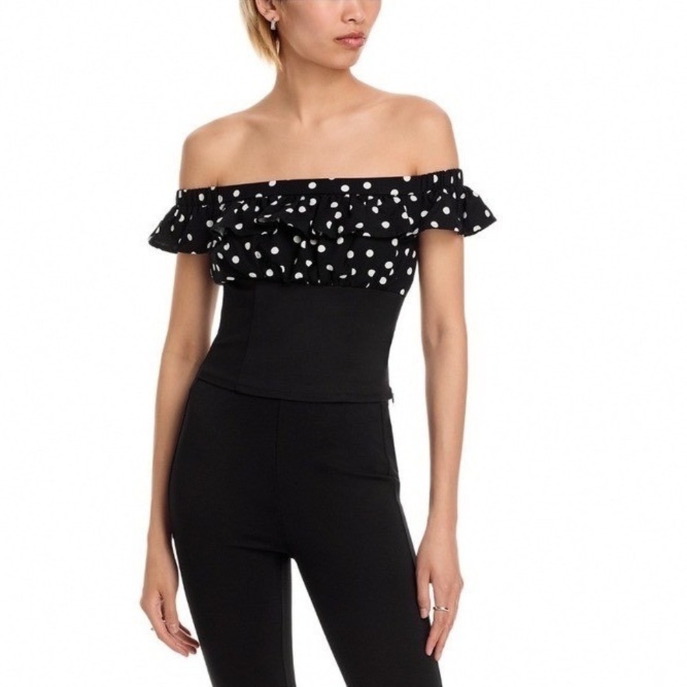FORE Polka Dot Off The Shoulder Ruffle Top Black White TI6129BL Large NEW